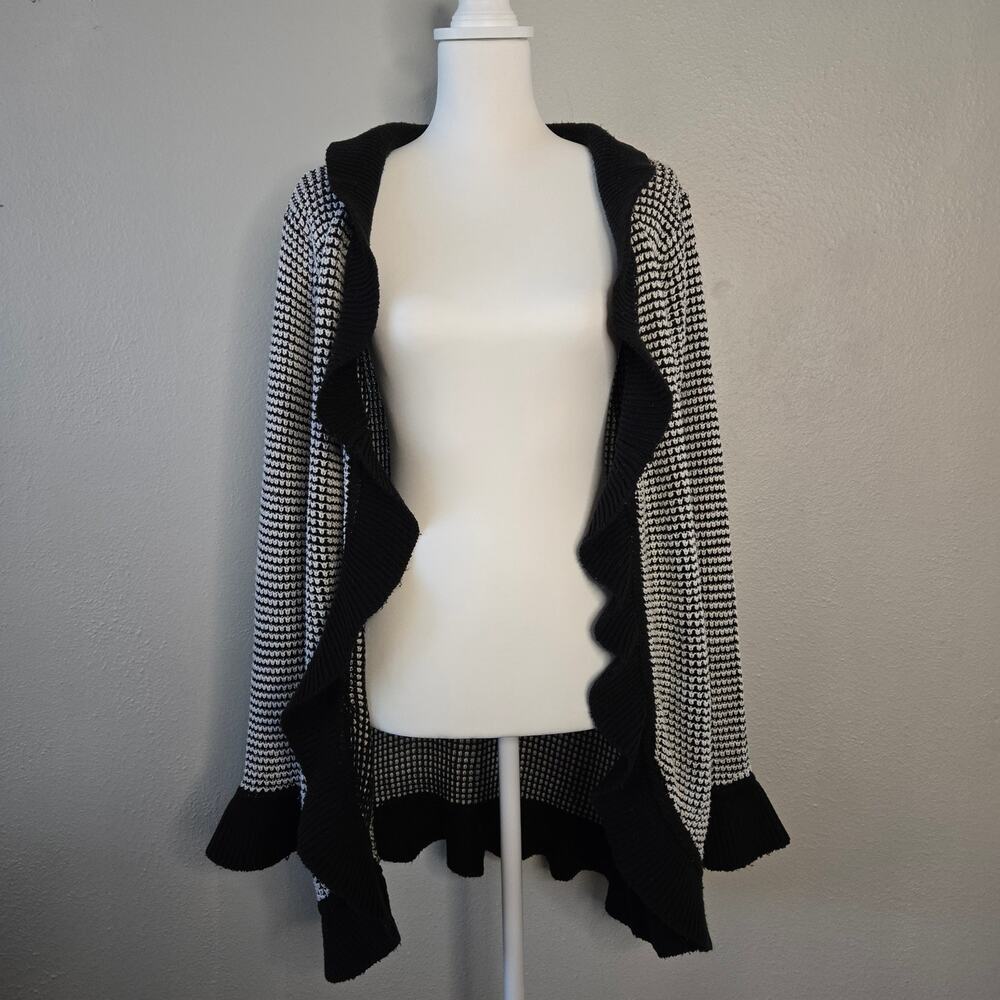 Whimsigoth Y2K Flare Sleeve Cardigan M Black White Cascade Ruffle Feminine